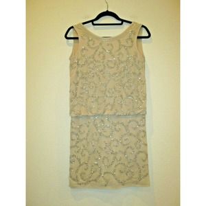 FROCK & FRILL Nude/beige BEADED EMBELLISHED DRESS Knee Length- Size 8
